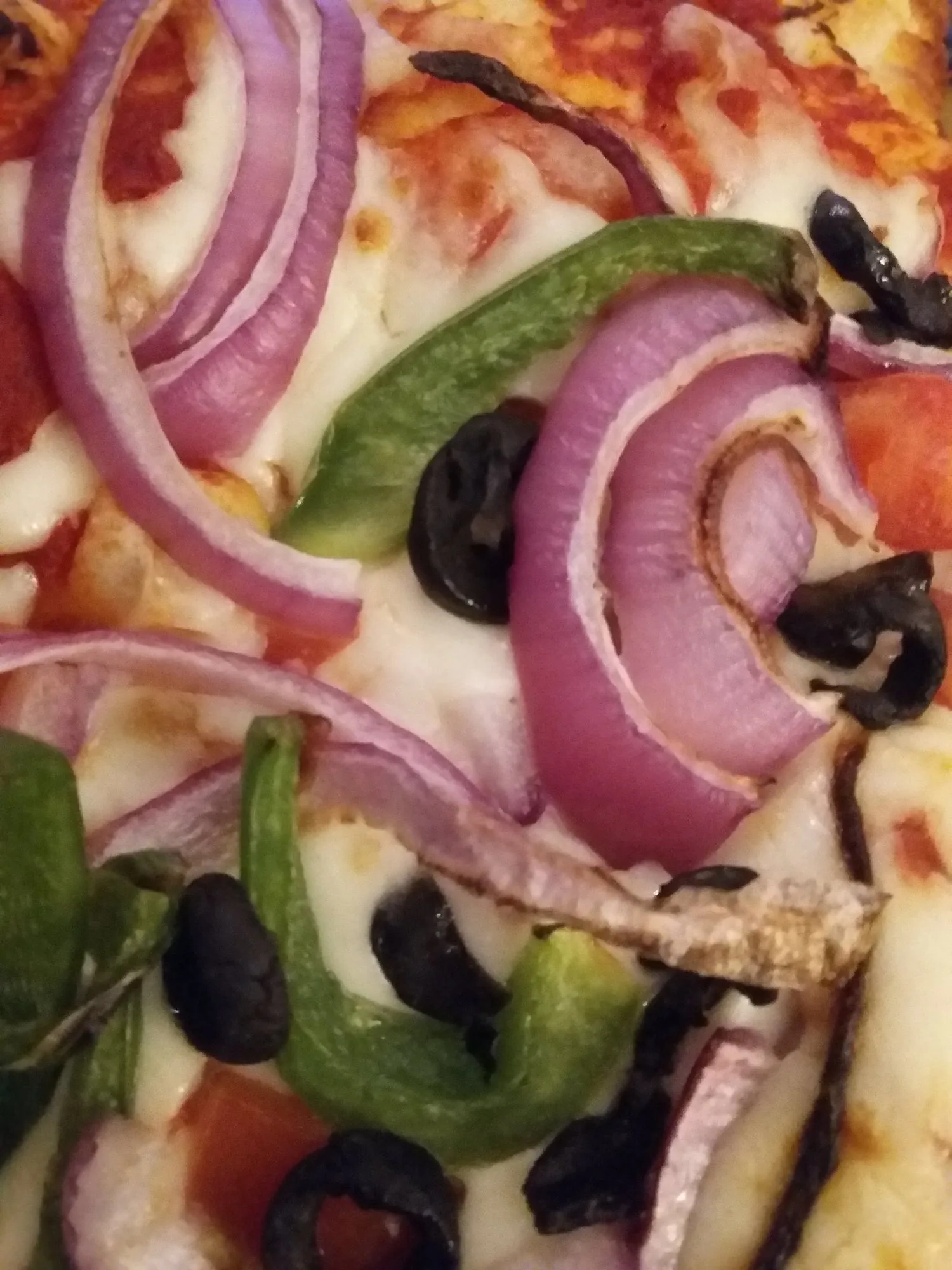 Close-up of red onion, green pepper and black olive toppings